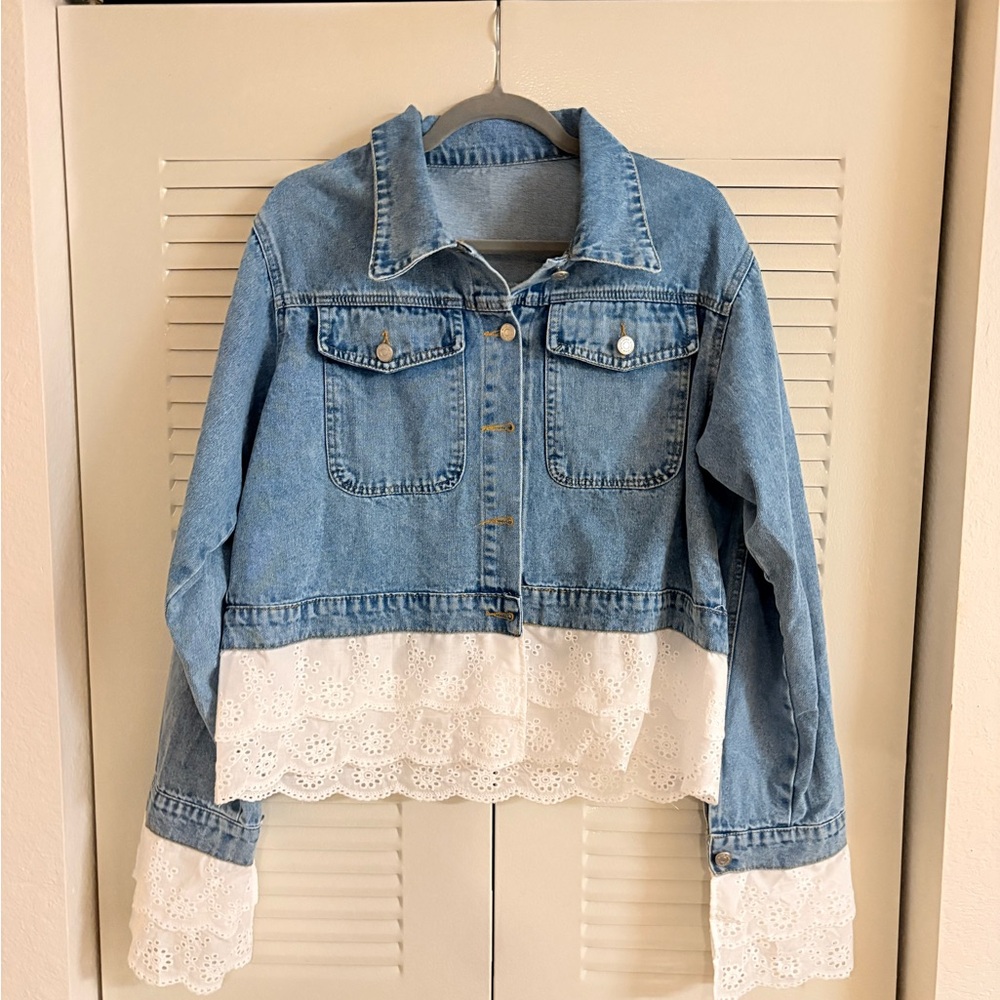 Blue Denim Jacket with White Lace Trim